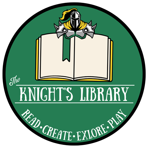 Grier Middle School library logo: The Knight's Library, read, create, explore, play